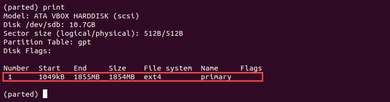 The information about the newly created partition in the Disk Flags section of the output of the print command in Parted.