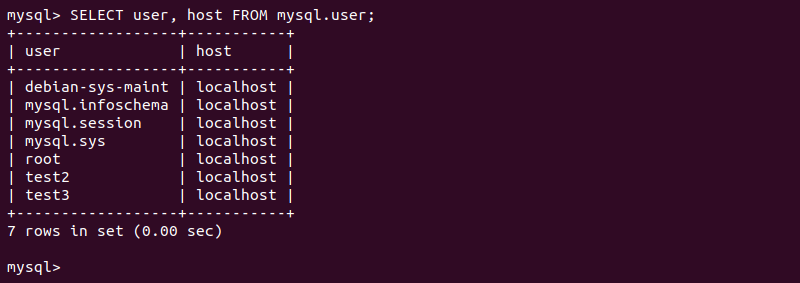MySQL shell user list after the DROP USER command.