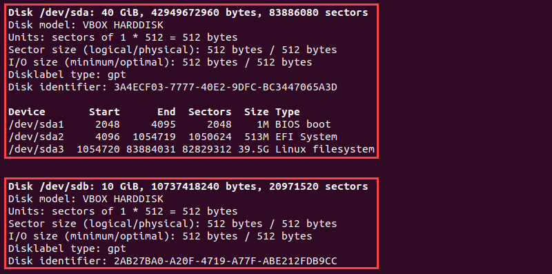 Listing disks and partitions using fdisk.