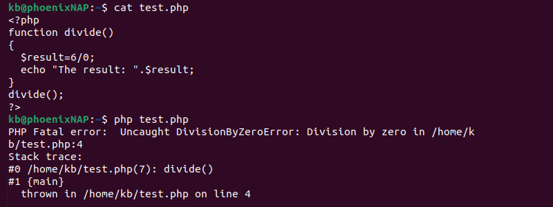 PHP fatal error terminal output