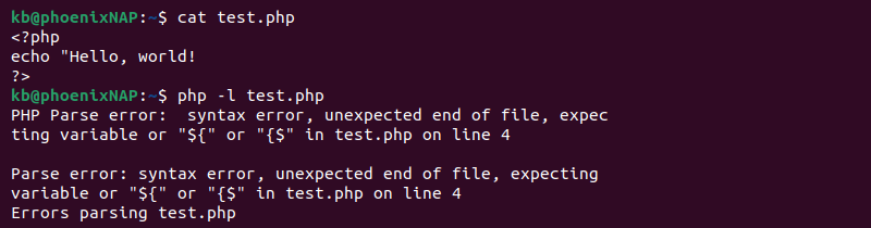 PHP parse error terminal output