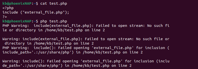 PHP warning error terminal output