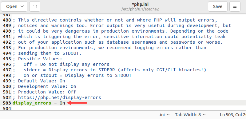 php.ini display_errors directive On