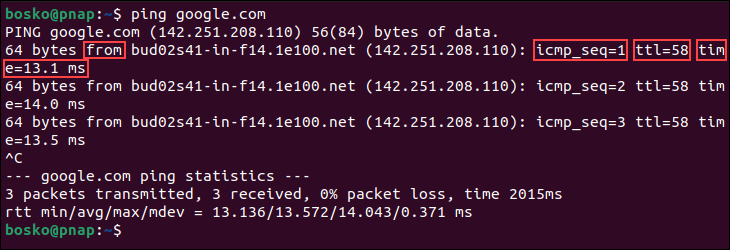An example output of the ping command.