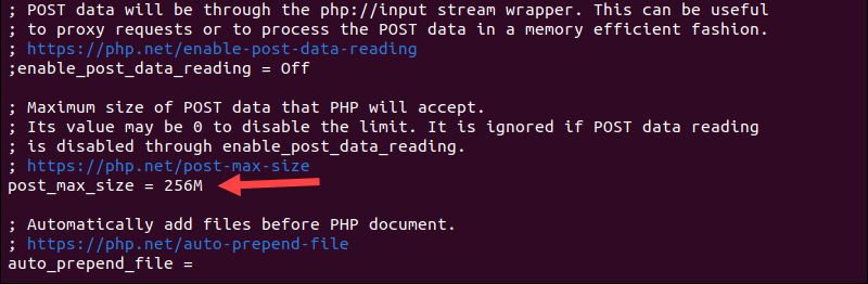 Update post_max_size in php.ini from command line.