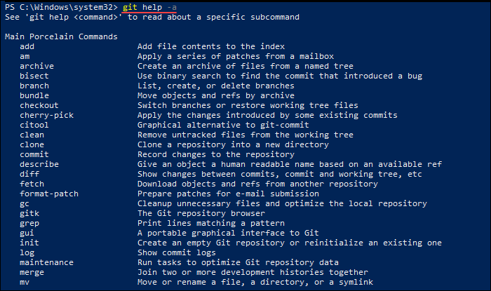 Listing all the available Git commands in Windows.