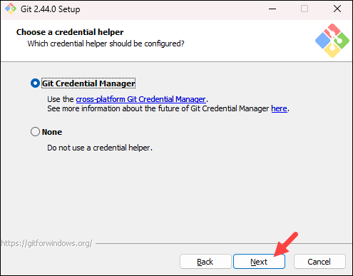 Selecting the credential manager for Git.