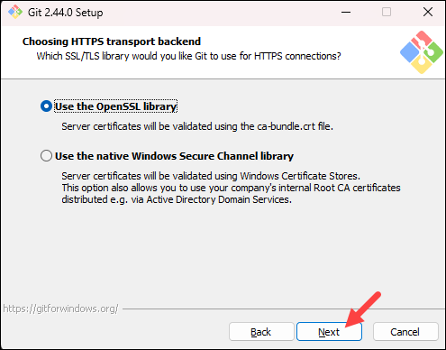 Choosing the HTTPS transport backend for Git.
