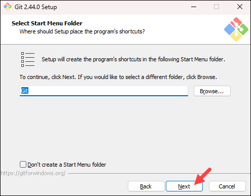 Selecting the Git start menu folder.