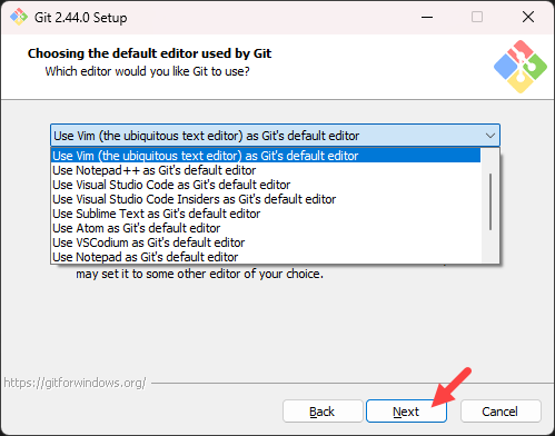 Choosing the default text editor for Git on Windows.