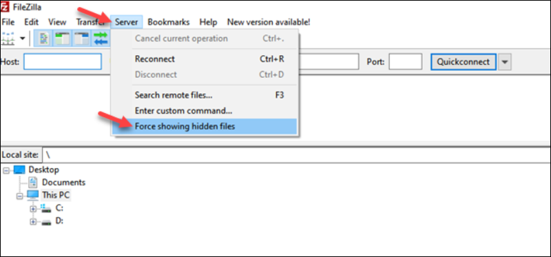 Show hidden files in FileZilla to display .htaccess file.
