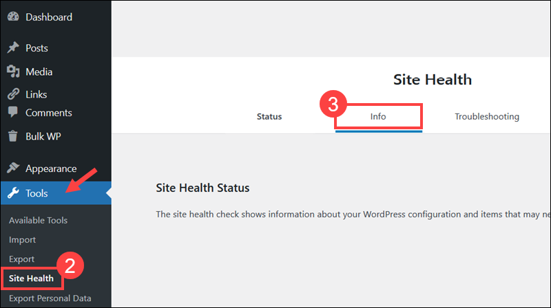 Check PHP version in WordPress Site Health tool.