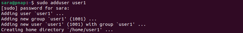 sudo adduser user1 terminal output