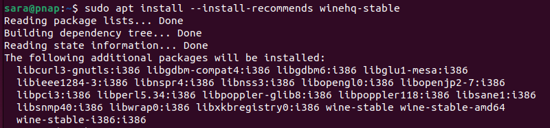 sudo apt install --install-recommends winehq-stable terminal output