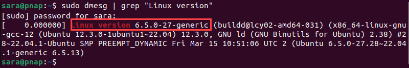 sudo dmesg | grep "Linux version" terminal output