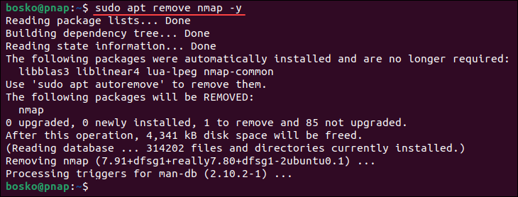 Uninstalling Nmap using the CLI.