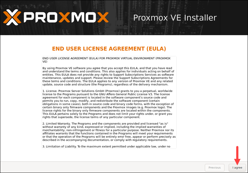 Agree to the Proxmox EULA.