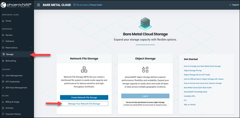 Bare Metal Cloud Storage NFS manage your NFS button