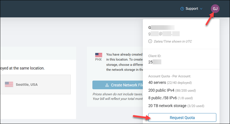 BMC account menu request quota button