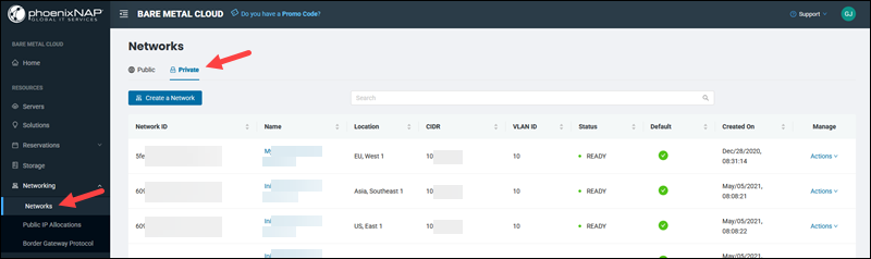 BMC Networks page private network list