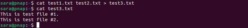 cat test1.txt test2.txt > test3.txt terminal output