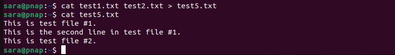 cat test1.txt test2.txt > test6.txt terminal output