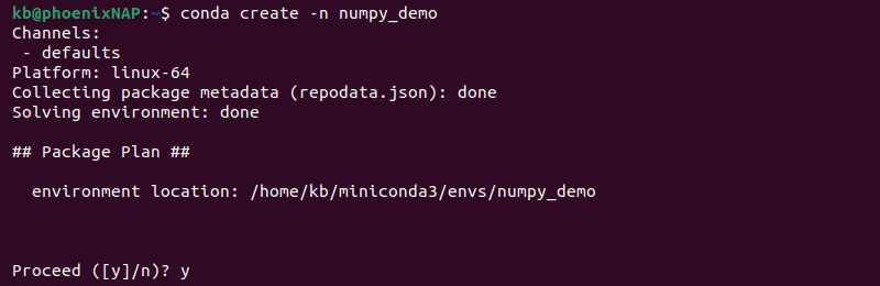 conda create numpy_demo terminal output
