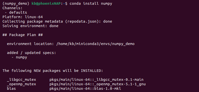 conda install numpy terminal output
