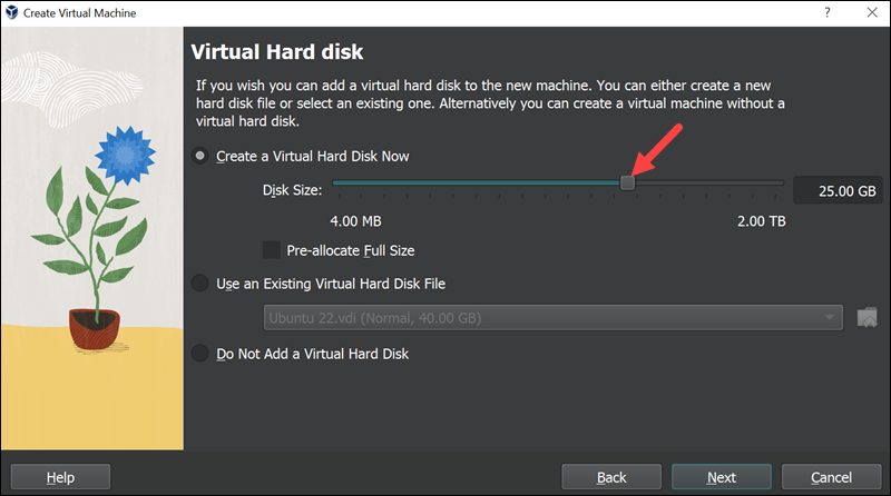 Set up a hard disk for your new VM.