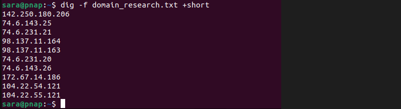 dig -f domain_research.txt +short terminal output
