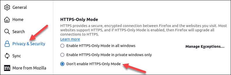 Disable HTTPS-only mode on Firefox.