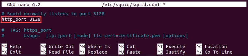 Configuring the port that handles TCP traffic in Squid.
