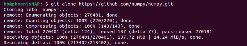 git clone NumPy repository terminal output