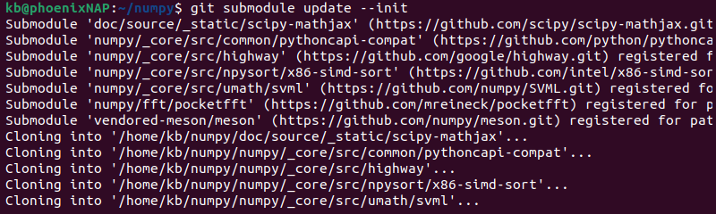 git submodule init NumPy terminal output