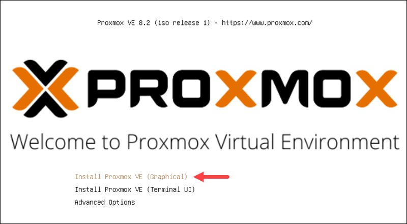 Proxmox installation start screen.