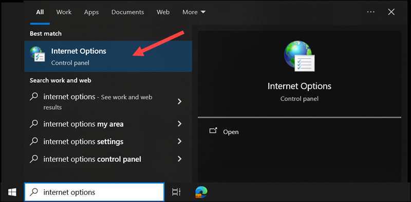Internet Options in Windows Start menu.