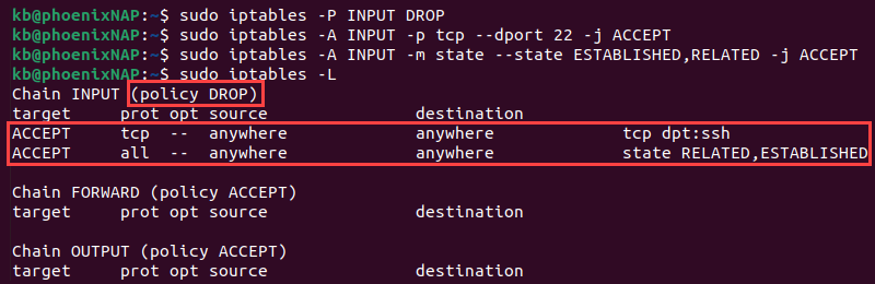 iptables accept ssh only terminal output