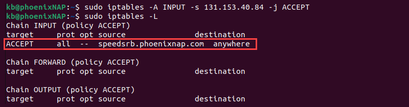 iptables ip address accept traffic terminal output