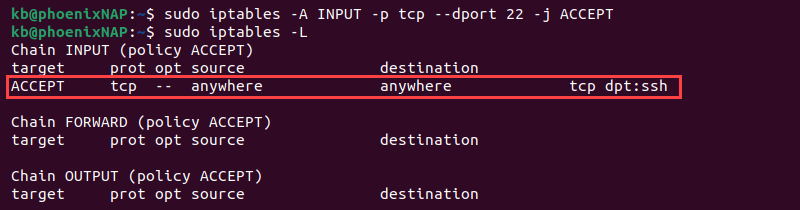 iptables ssh input traffic terminal output