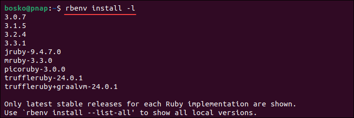 Listing Ruby versions with Rbenv.