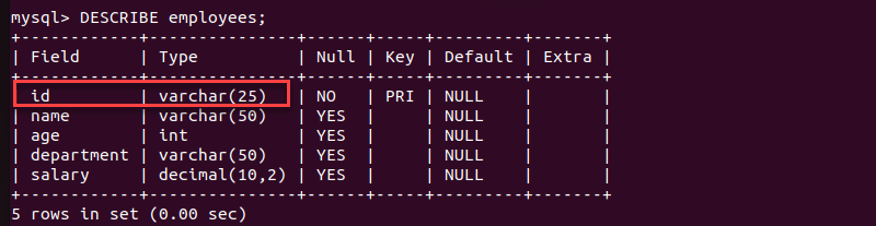 mysql DESCRIBE terminal output changed column type and name