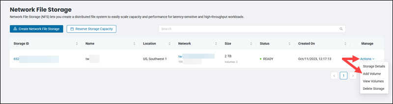 Network file storage actions add volume