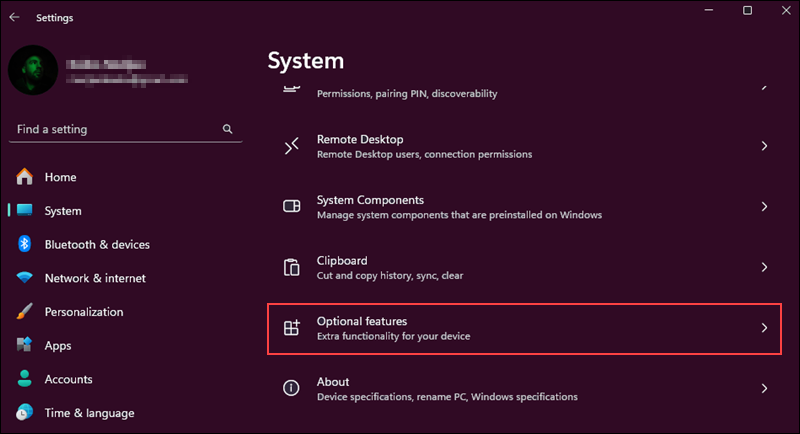 Open the optional features setting in Windows.