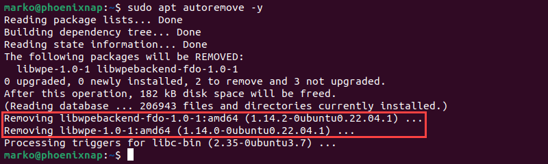 Removing unused packages with the apt autoremove command.
