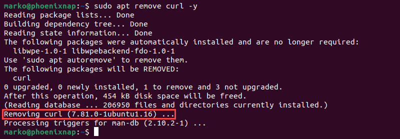 Uninstalling curl using the apt remove command.