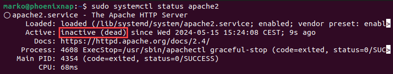The Apache service showing as inactive in Ubuntu.