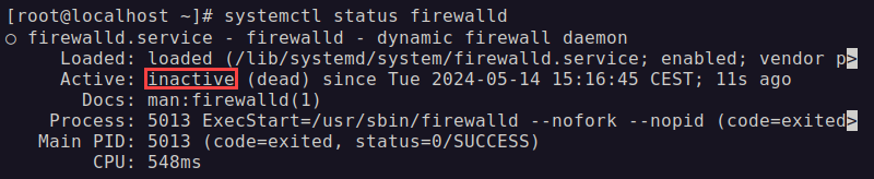 Disable firewalld on Rocky Linux to troubleshoot localhost error.