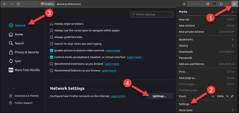 The location of Network Settings in Firefox.
