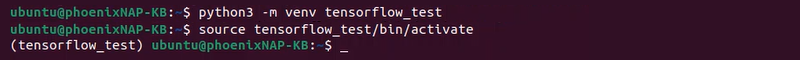 python venv tensorflow_test create and activate terminal output