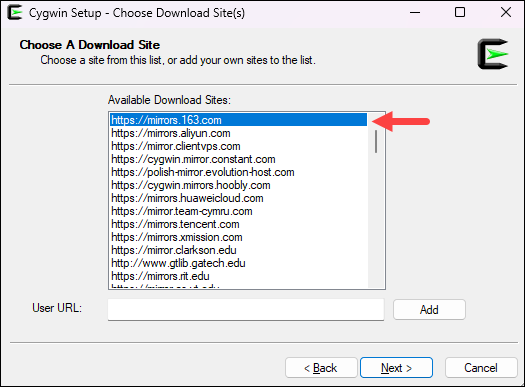 Select download mirror for Cygwin.